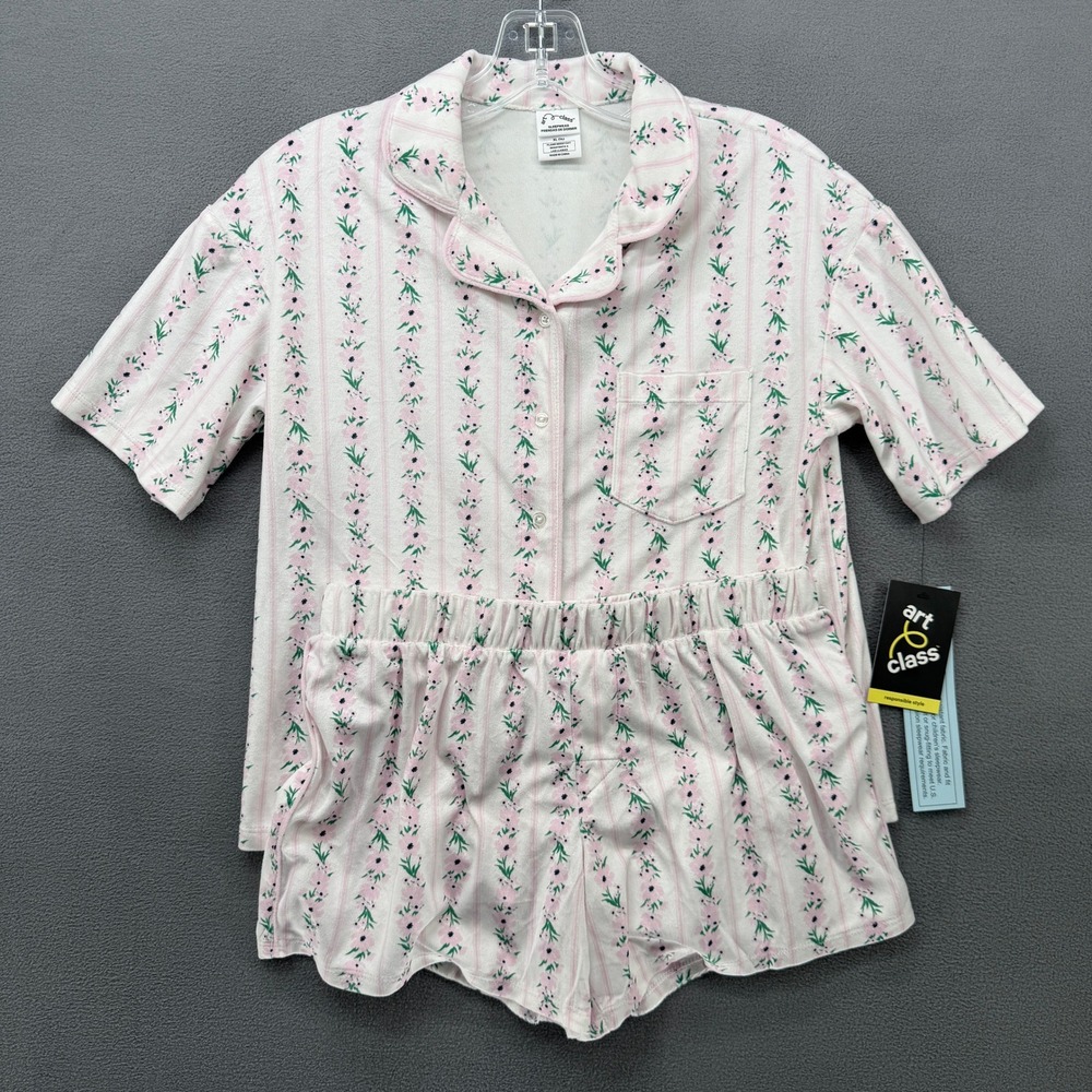 Art Class Pajama Set Girls XL 14 Pink Floral Stripe Short Sleeve Button Down NEW